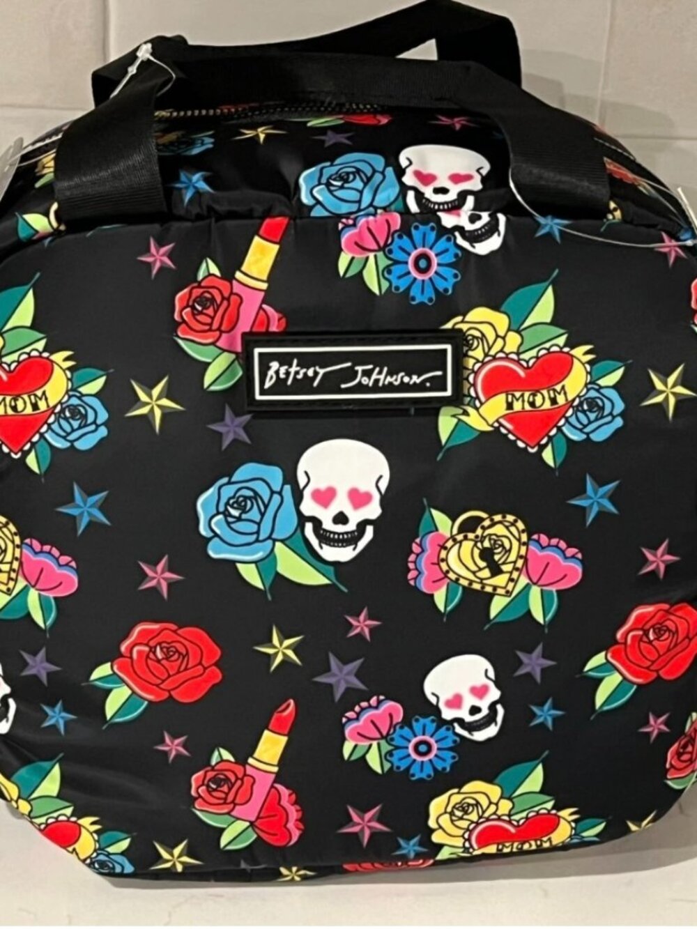 BETSEY JOHNSON Black Skull Roses Top Handle Insulated Lunch Tote Box Bag Goth